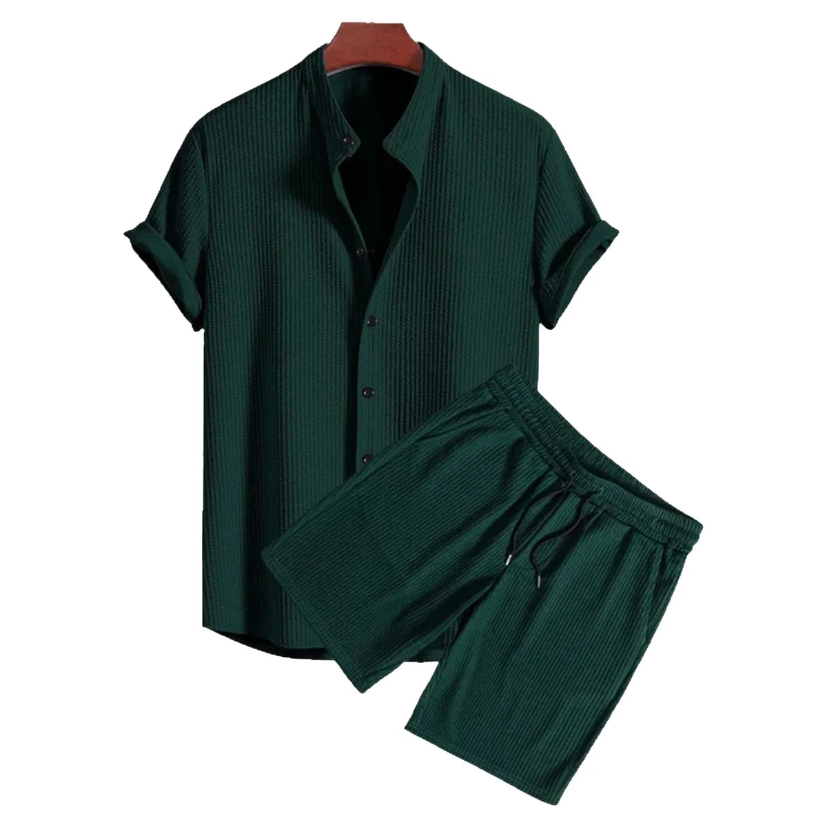 New Summer Fashionable Casual Solid Color Print Hawaiian Shirt Set Men's Cross-Border Clothing Short Sleeve V-Neck Short...
