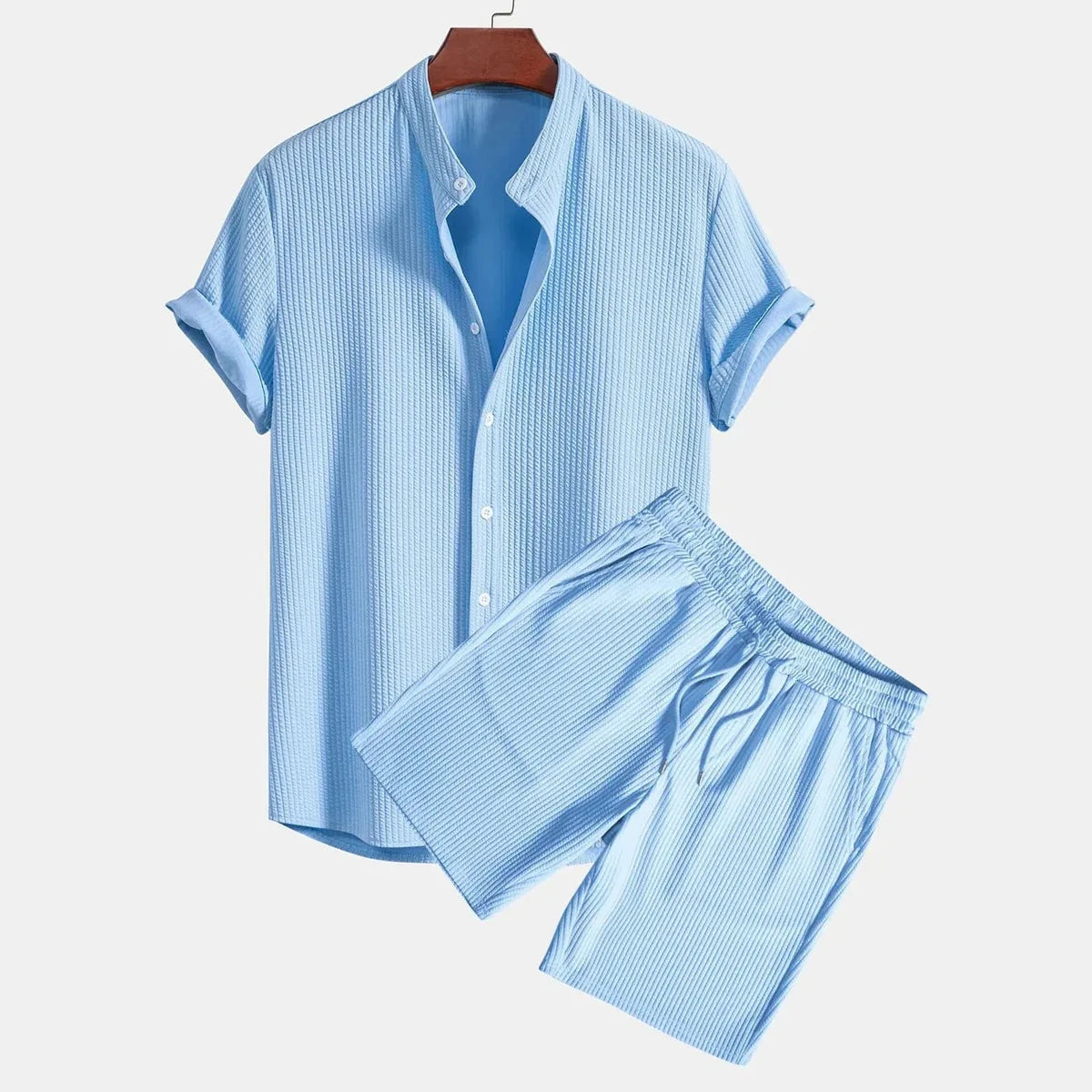 New Summer Fashionable Casual Solid Color Print Hawaiian Shirt Set Men's Cross-Border Clothing Short Sleeve V-Neck Short...