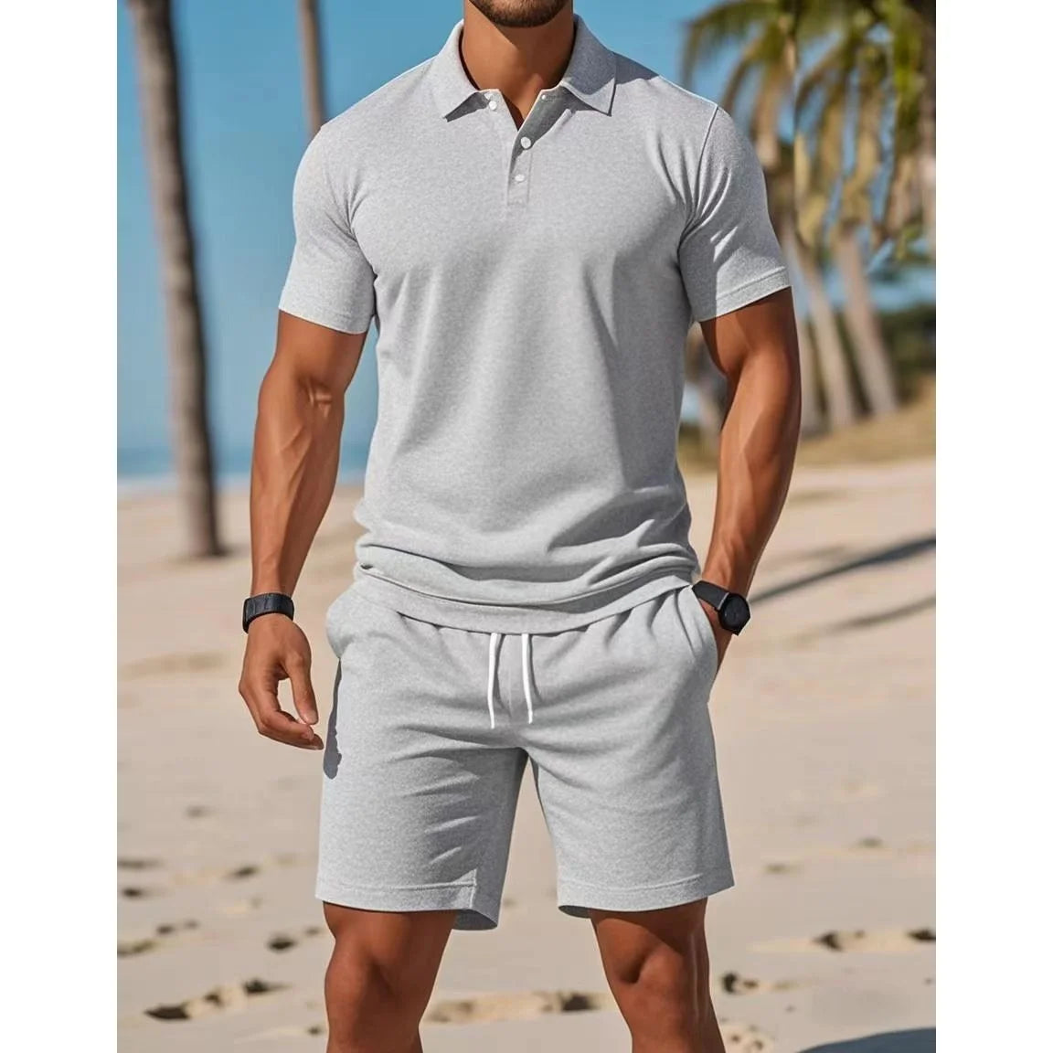 Fashionable Short Sleeve  Shirt And Shorts Set for Men Summer Casual Wear round Neck Mesh Fabric Comfortable Breathable