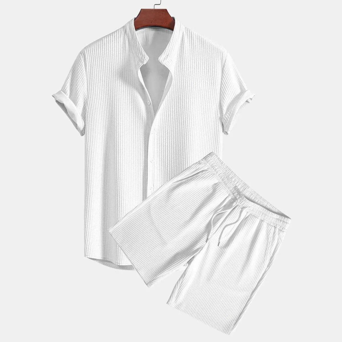 New Summer Fashionable Casual Solid Color Print Hawaiian Shirt Set Men's Cross-Border Clothing Short Sleeve V-Neck Short...