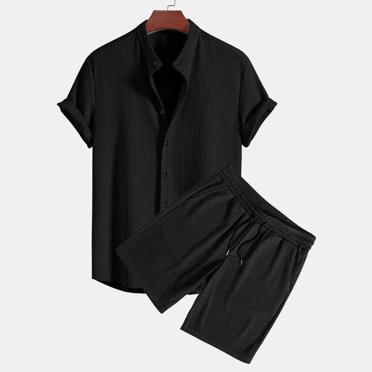 New Summer Fashionable Casual Solid Color Print Hawaiian Shirt Set Men's Cross-Border Clothing Short Sleeve V-Neck Short...