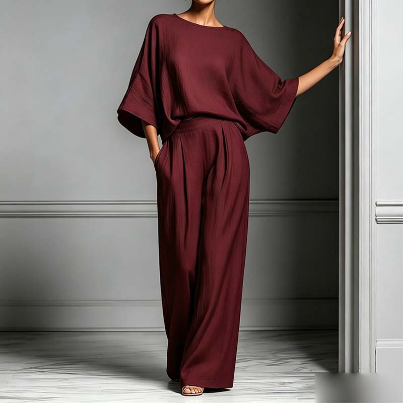 👕LIMITED-TIME OFFER – 50% OFF! ✨ Two-piece set – Batwing-sleeve top, wide-leg pants, loose fit.